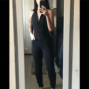 GUESS Halter Denim Lace-up Jumpsuit